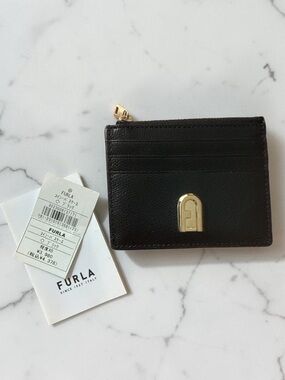 Furla Black Leather Card Case Wallet Zip Coin Pocket Arco Logo